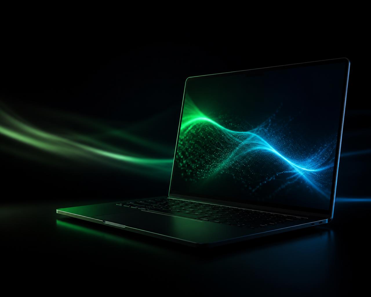 Laptop mostrando una interfaz web con luces verdes y azules